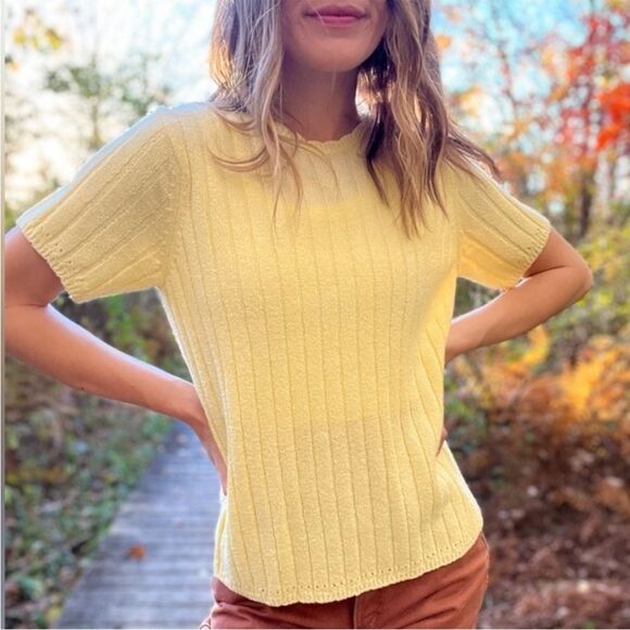 White Stag Womens Yellow Short Sleeve Crew Neck Ribbed Knit Sweater Top - Picture 2 of 6